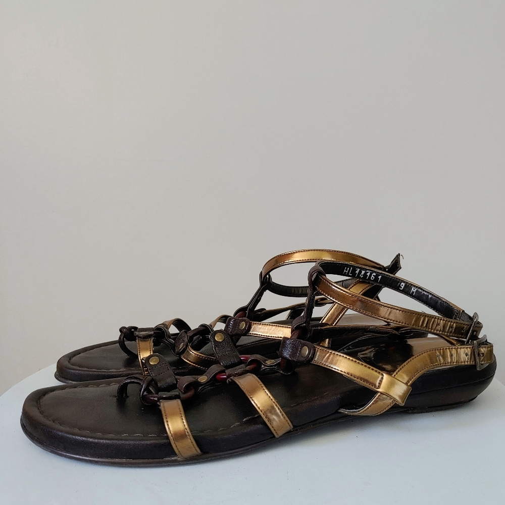 Stuart Weitzman Leather Sandals Rings Strappy Size 9 Metallic Gold Gladiator
